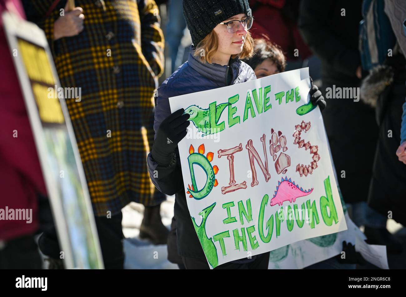 Demonstranten auf einem märz, der Maßnahmen zur Bekämpfung des Klimawandels fordert, Montpelier, VT, USA. Stockfoto