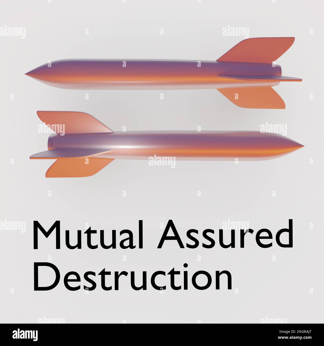 3D Abbildung von zwei Raketen, die sich mit dem Text gegenseitige gesicherte Zerstörung gegenüberstehen. Stockfoto