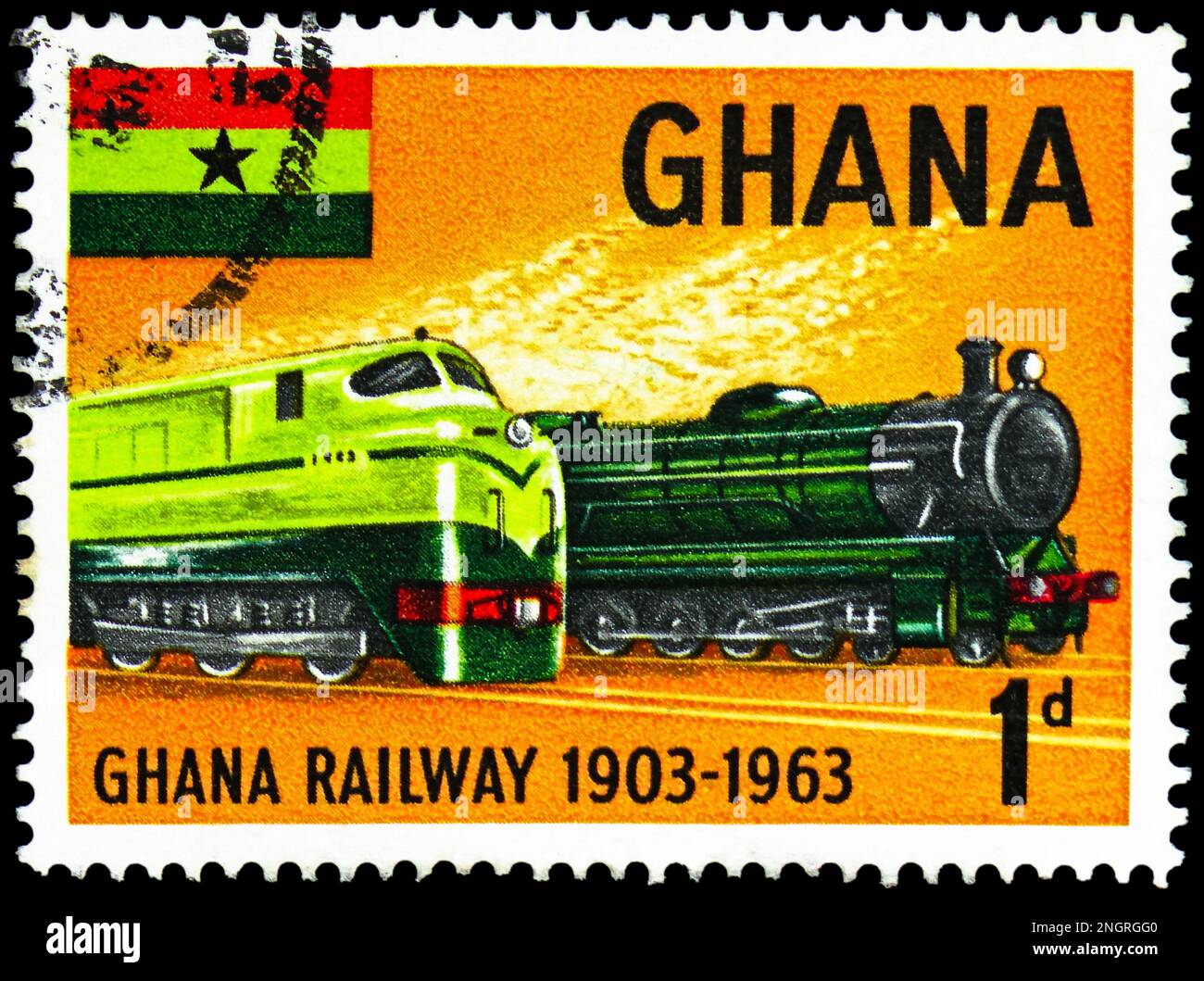 MOSKAU, RUSSLAND - 15. FEBRUAR 2023: Der in Ghana gedruckte Poststempel zeigt Diesel Locomotive Nr. 1401, Steam Locomotive Class 248, 60. Jubiläum von GH Stockfoto