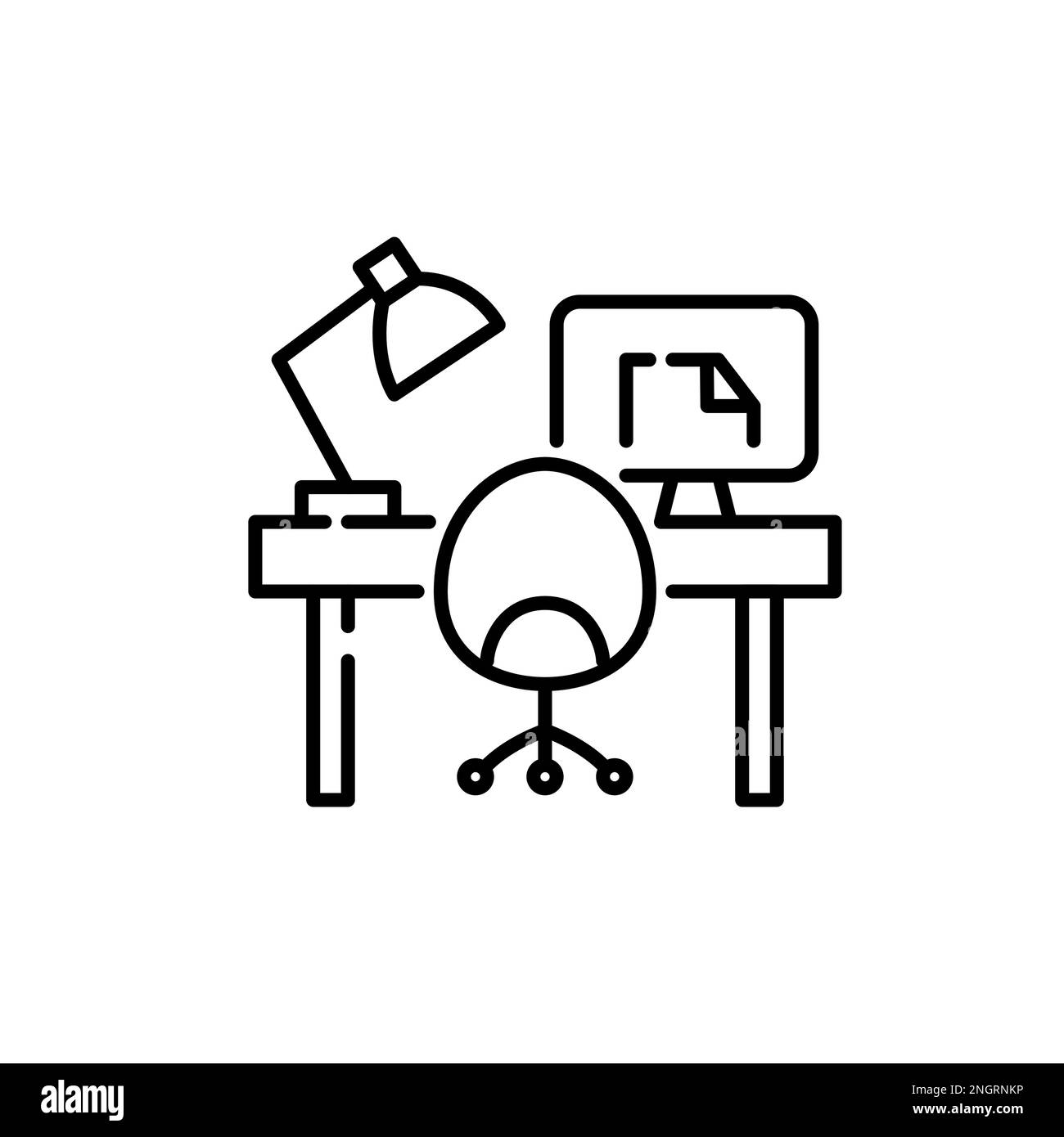 Symbol „Arbeitsplatz“. Drehstuhl, Schreibtisch und pc-Monitor. Pixelgenaue, bearbeitbare Kontur Stock Vektor