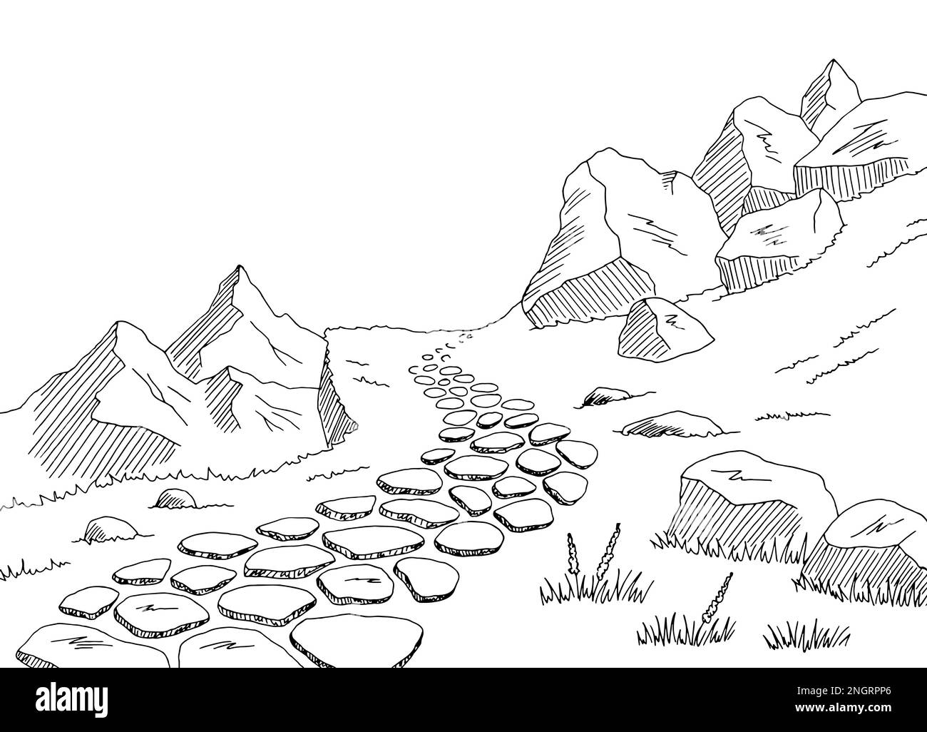 Mountain Road Grafik schwarz weiß Landschaft Skizze Illustration Vektor Stock Vektor