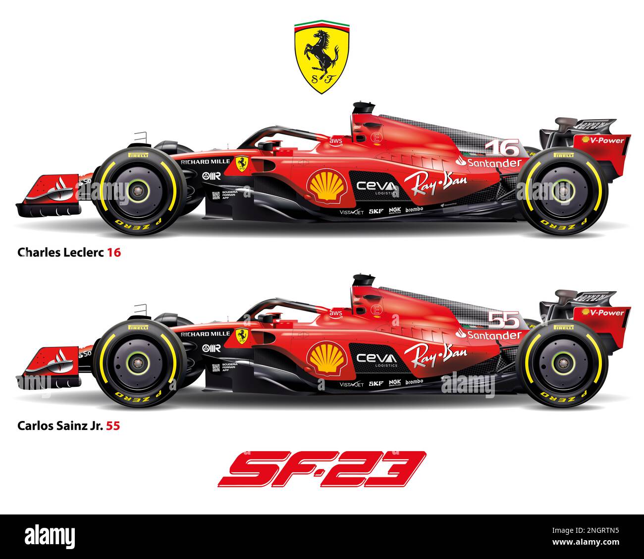 Maranello, Modena, Italien, februar 2023, Ferrari SF-23 Formula 1, Carlos Sainz und Charles Leclerc, Formel-1-Weltmeisterschaft 2023 Stockfoto Maranello, Modena, Italien, februar 2023, Ferrari SF-23 Formula 1, Carlos Sainz und Charles Leclerc, Formel-1-Weltmeisterschaft 2023 Stockfoto