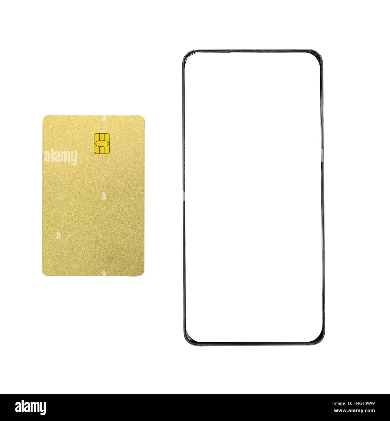 Modell eines Handyrahmens und leeres Modell einer goldenen Bankkarte isoliert auf Weiß. Werbung für Geldanwendungen. Stockfoto