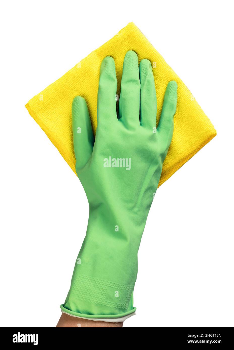 Mit gelbem Fasertuch abwischen. Handschuh mit Wischer, Staubwedel isoliert auf weißem Hintergrund. Stockfoto