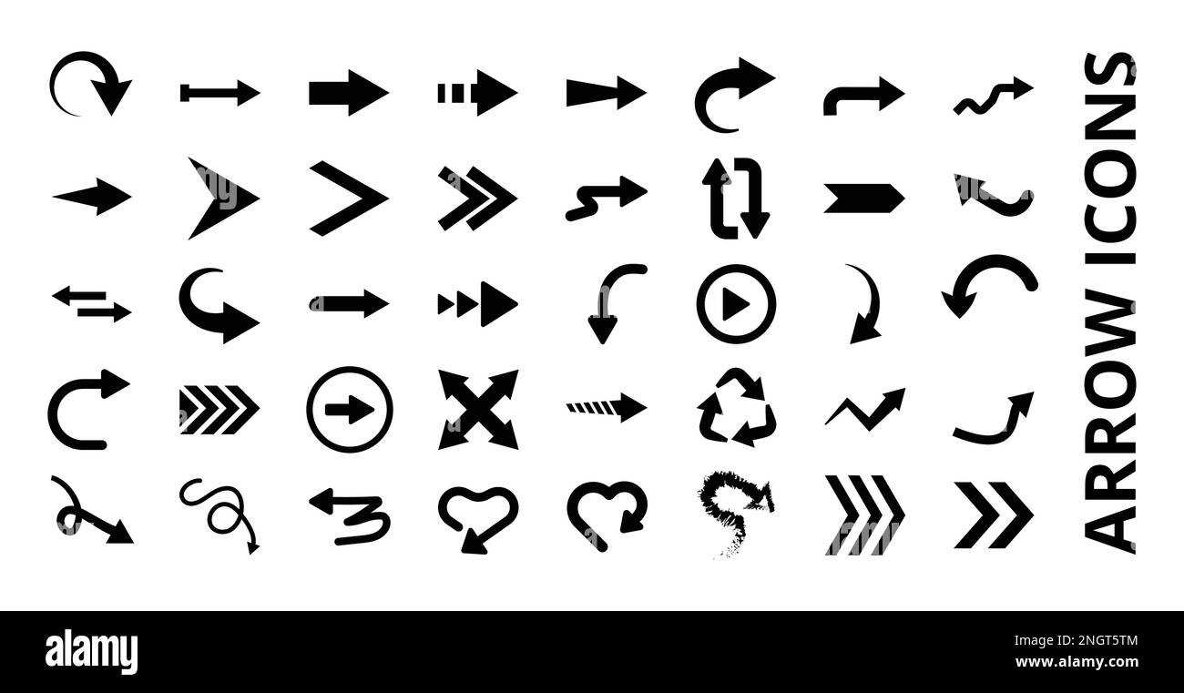 Darstellung des Pfeilsymbols Vektorsatz, Linkspfeil, Rechtspfeil, Abwärtspfeil, gekrümmter Pfeil, Symbolsatz mit Pfeil für Unternehmen in Schwarzweiß und Farbe Stock Vektor