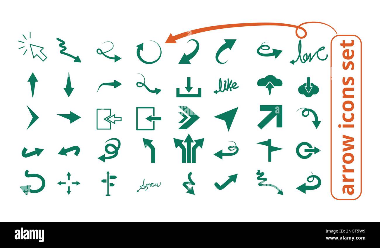 Darstellung des Pfeilsymbols Vektorsatz, Linkspfeil, Rechtspfeil, Abwärtspfeil, gekrümmter Pfeil, Symbolsatz mit Pfeil für Unternehmen in Schwarzweiß und Farbe Stock Vektor