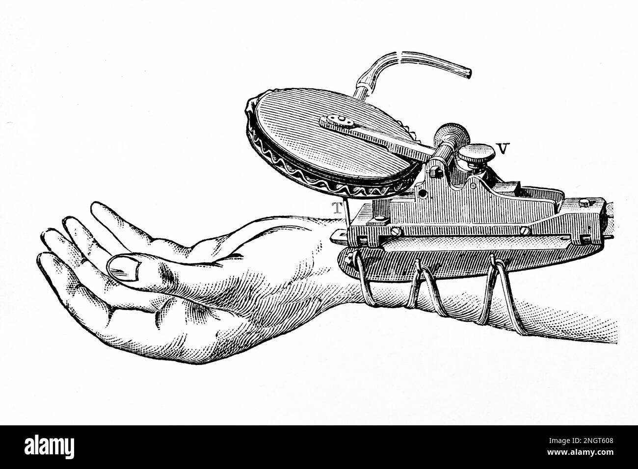 Sphygmograph. Gerät zur Aufzeichnung der Pulsationen der Arterien. Antike Illustration aus einem Medizinbuch. 1889. Stockfoto