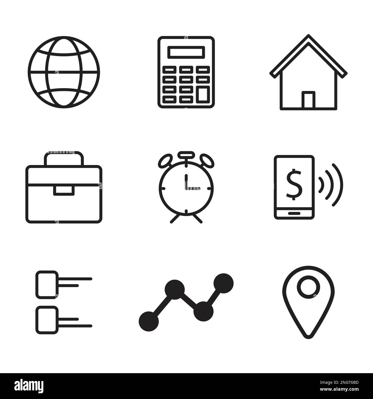 Symbolsatz für Unternehmen für digitale Marketing-Apps und Web, Uhr, Timer, Startseite, Standort, Symbole für Business-Taschen Stock Vektor