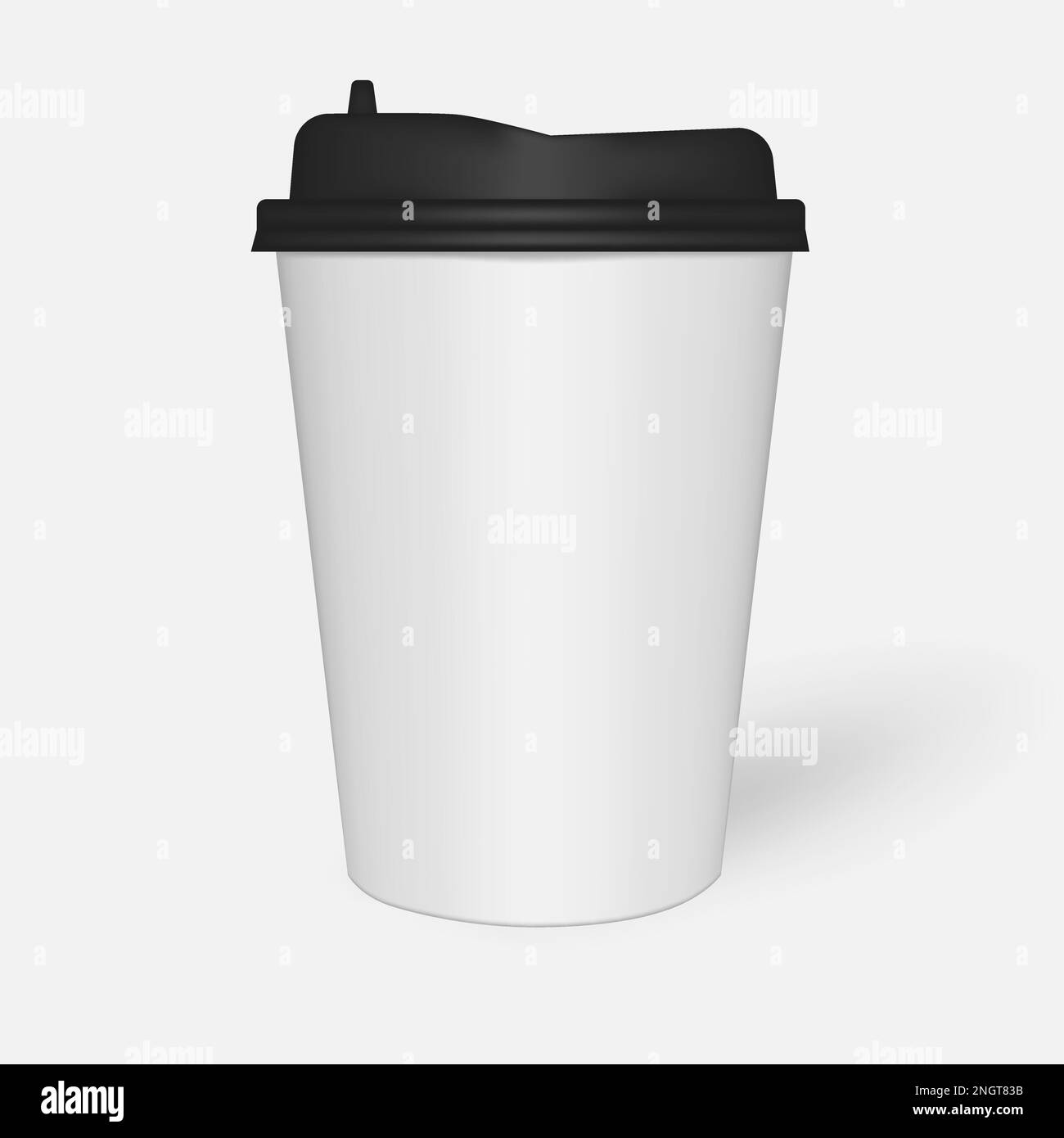 Einweg-Kaffeetasse aus weißem Papier mit schwarzem Kunststoffdeckel, Modell. Reisetasse für heiße und kalte Getränke, Modell. Vektorvorlage Stock Vektor