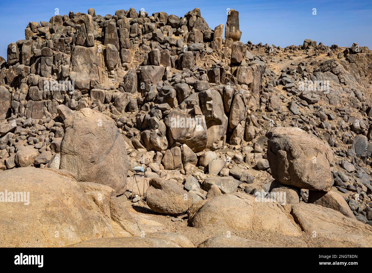 Alte Ägyptische Hieroglyphen. Assuan's Seheil Island, bekannt für die Hungersnot der Stele-Schnitzereien. Assuan. Egipt. Afrika. Stockfoto