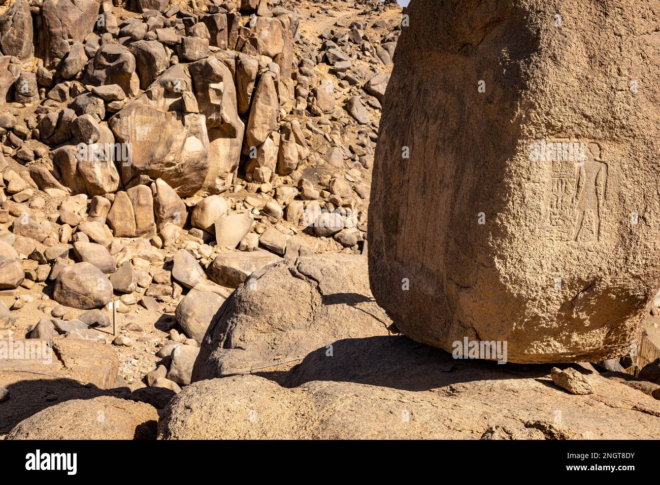 Alte Ägyptische Hieroglyphen. Assuan's Seheil Island, bekannt für die Hungersnot der Stele-Schnitzereien. Assuan. Egipt. Afrika. Stockfoto