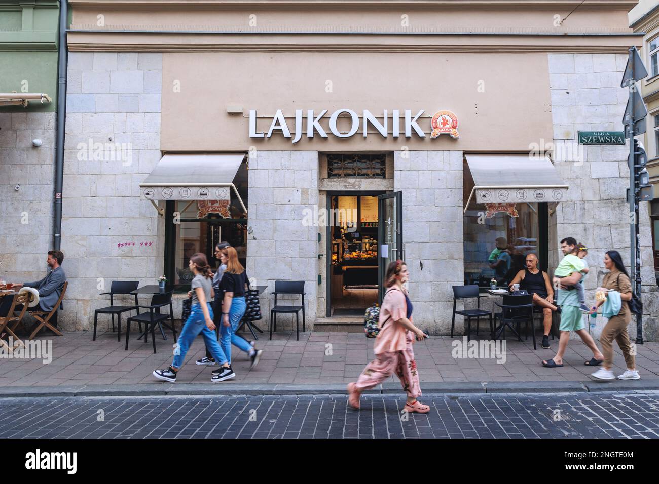 Lajkonik Bäckerei und Café in der Szewska-Straße in der Altstadt von Krakau, Woiwodschaft Kleinpolen in Polen Stockfoto