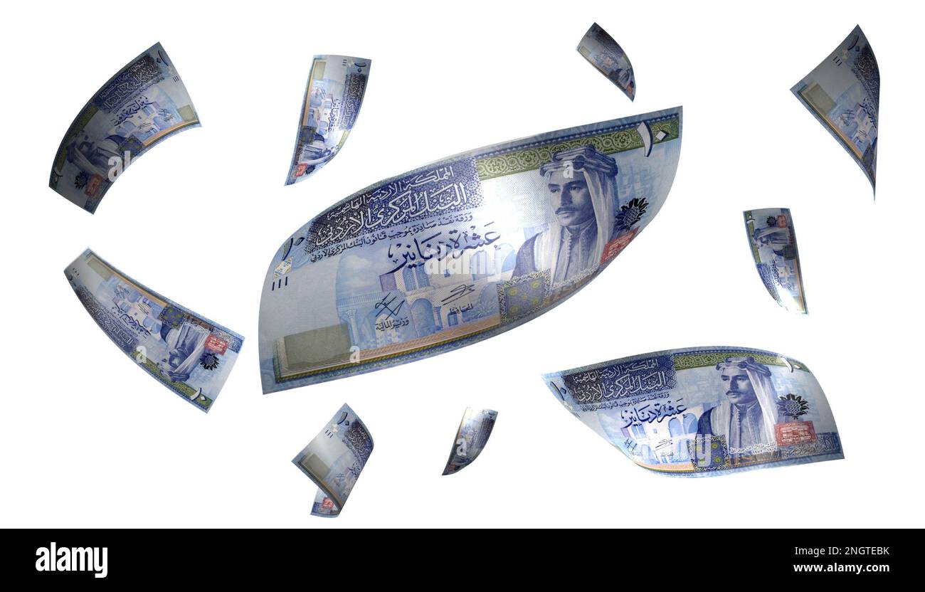 Abbildung 3D Jordan 10 Dinar Flying Money Banknote Stockfoto