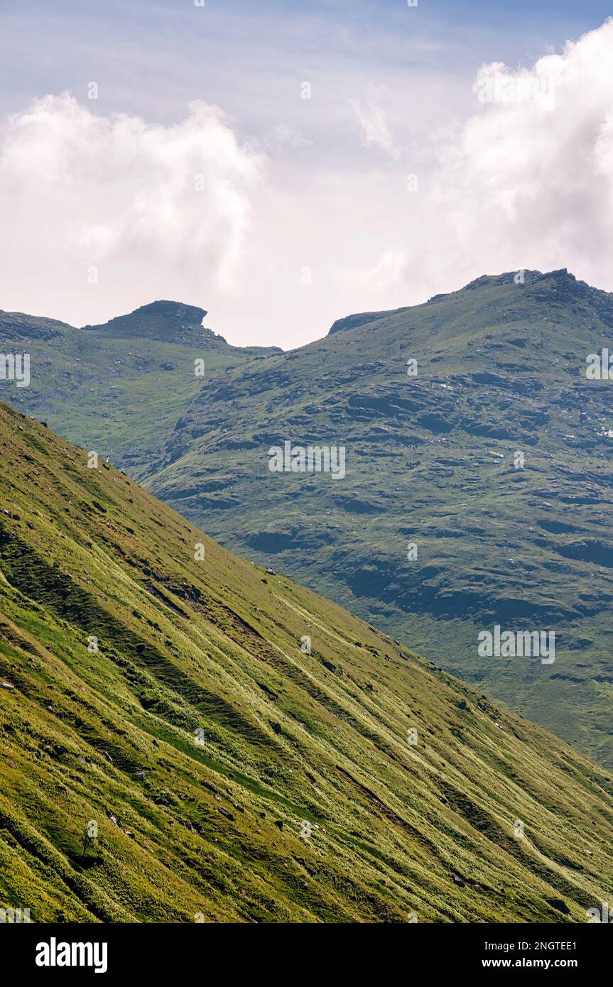 Die sanften Hügel und Berge der Trossachs in Schottland. Stockfoto