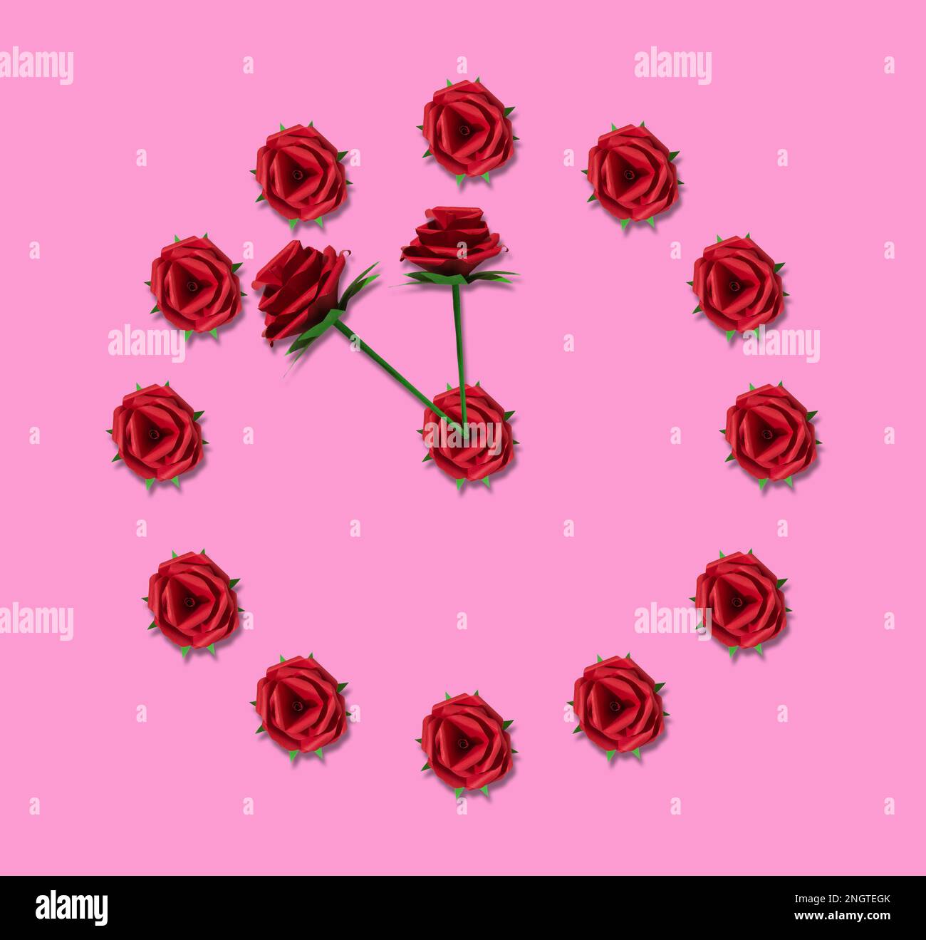 Uhrrosa, eine Uhr aus roter Rose auf pinkfarbenem Hintergrund, kreatives Kunstdesign für Feiertage, romantische Zeit Stockfoto