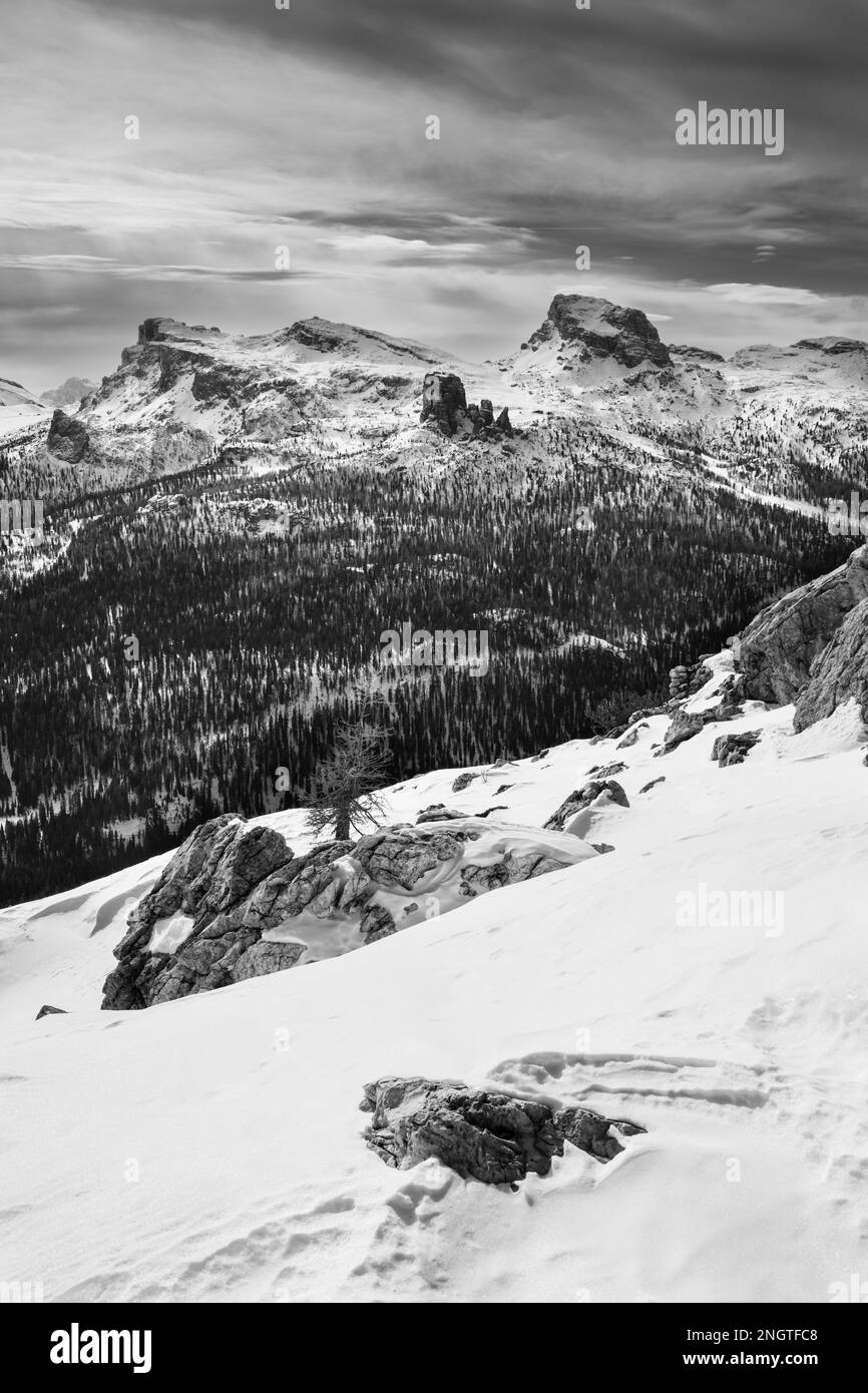 Cinque Torri di Averau in der Nuvolao Group Mountain Range Monochrome Winterlandschaft in den Dolomiten in der Nähe von Cortina d'Ampezzo Stockfoto