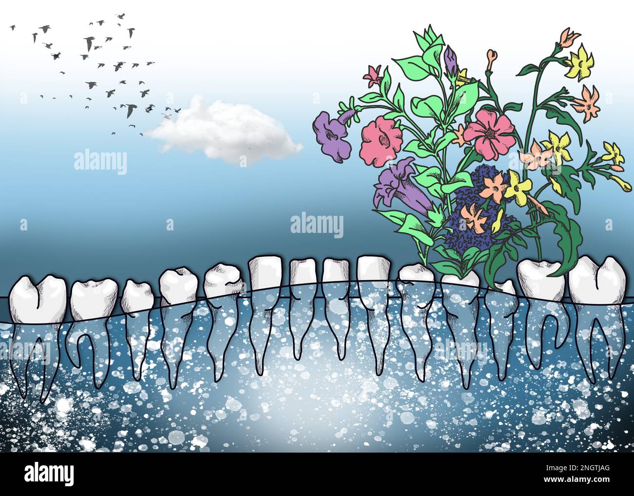 Wunderschöne, farbenfrohe Zähne mit Blumen, handgezeichnete Dental Canvas Illustration, Zahnarztdekor Stockfoto