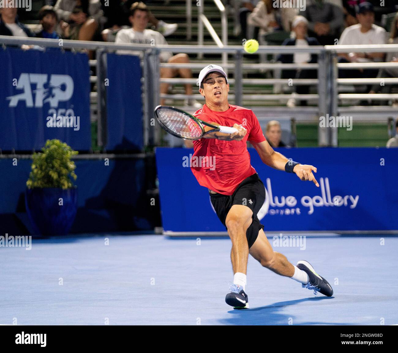 Februar 18 - Delray Beach: Mackenzie McDonald (USA) in Aktion Hier verliert Taylor Fritz (USA) während des Halbfinalspiels bei den Delray Beach Open 2023 im Delray Beach Tennis Center. Kredit: Andrew Patron/MediaPunch Stockfoto