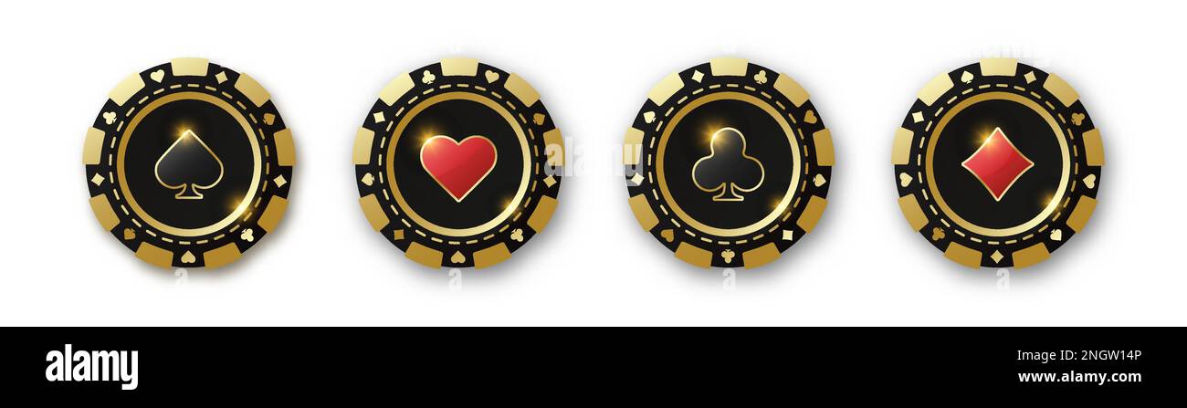 Ein Satz roter und schwarzer Pokerchips. Spielmarken mit Anzügen für Poker und Casino. Diamanten, Schläger, Herzen, Pik-Chips. Vektorabbildung auf eine Idee Stock Vektor