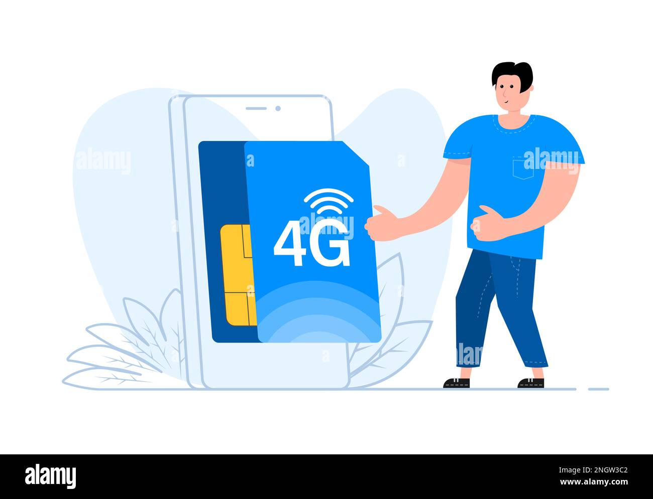 Ein Mann steht in der Nähe des Smartphones, auf dem Bildschirm 4G SIM-Karte. Mobile Telekommunikationstechnologie. Stock Vektor