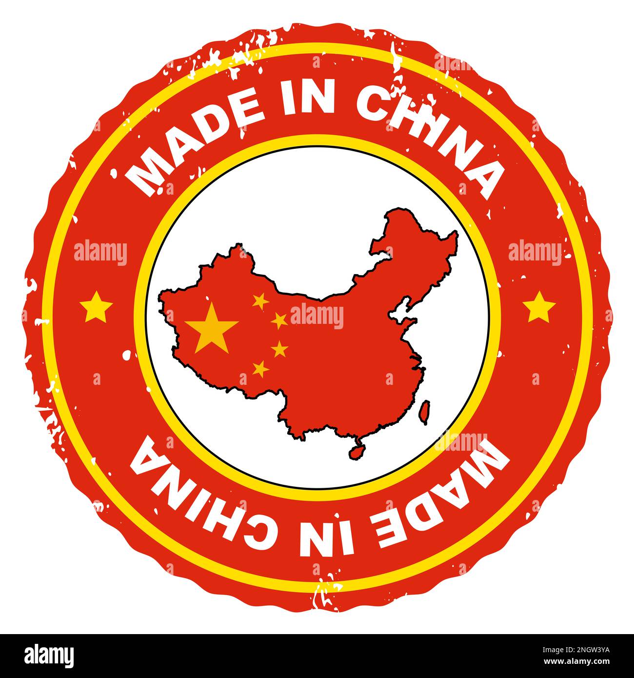 Der in China hergestellte Retro-Stempel umfasst die Karte und die Flagge Chinas. Stockfoto