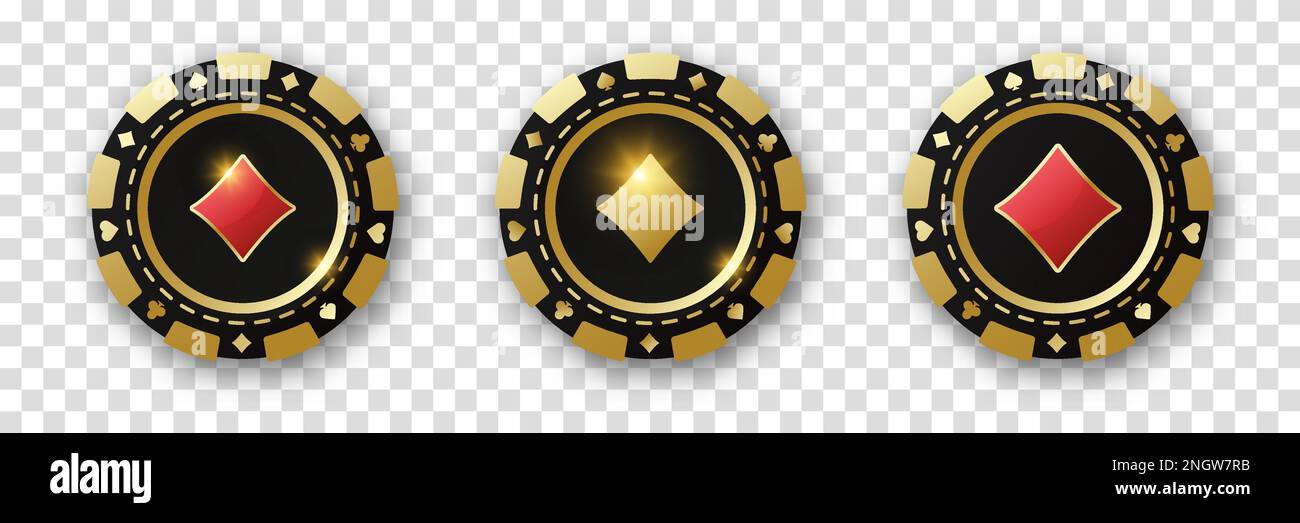 Diamanten-Anzug-Chips. Ein Set aus Gold-, Schwarz- und roten Pokerchips. Spielmarken mit Anzügen für Poker, Casino und Roulette. Vektordarstellung. Für Stock Vektor