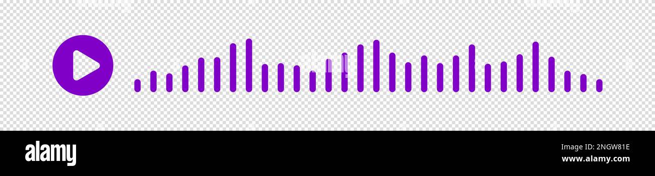 Audiowelle. Symbol klingt nach einem Lied. EQ. Violette Podcast-Welle. Symbole Audio-Sprachnachricht auf isoliertem transparentem Hintergrund. Vektordarstellung. Stock Vektor