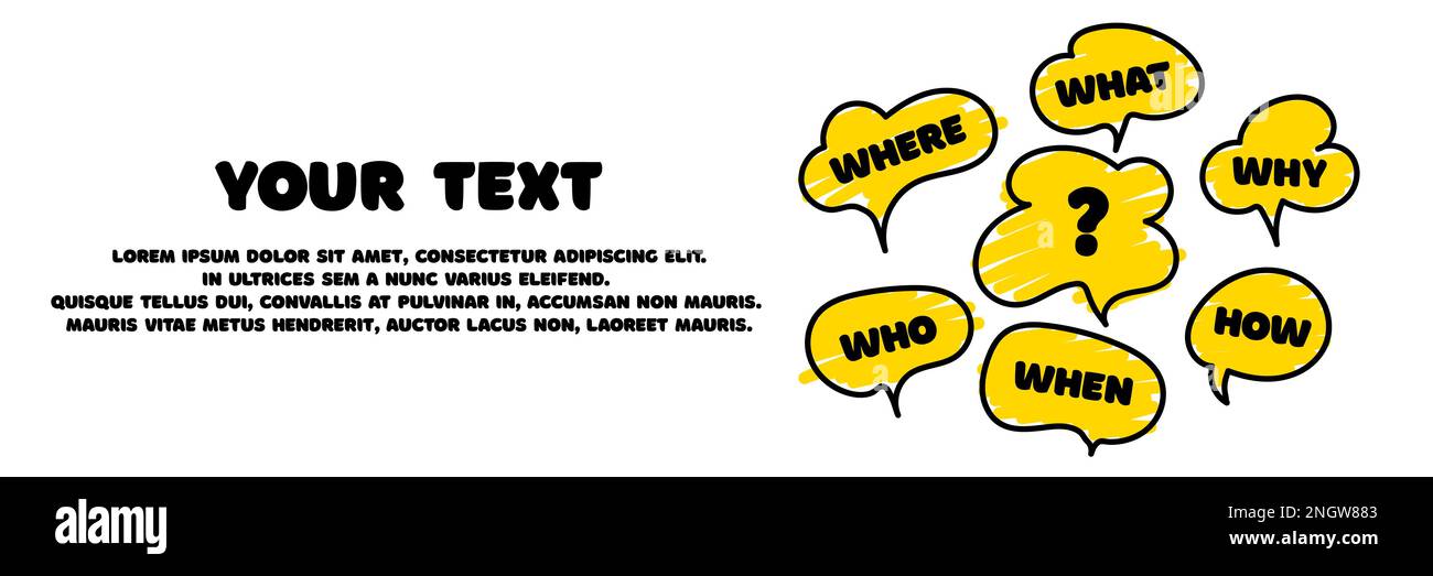 Brainstorming-Konzept. Viele Fragen. Kollektive Problemlösung. Was, wie, warum, wofür und wo. Platz für Ihre SMS. Webbanner für Unternehmen. Vecto Stock Vektor Brainstorming-Konzept. Viele Fragen. Kollektive Problemlösung. Was, wie, warum, wofür und wo. Platz für Ihre SMS. Webbanner für Unternehmen. Vecto Stock Vektor