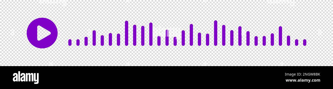 Audiowelle. Symbol klingt nach einem Lied. EQ. Violette Podcast-Welle. Symbole Audio-Sprachnachricht auf isoliertem transparentem Hintergrund. Vektordarstellung. Stock Vektor