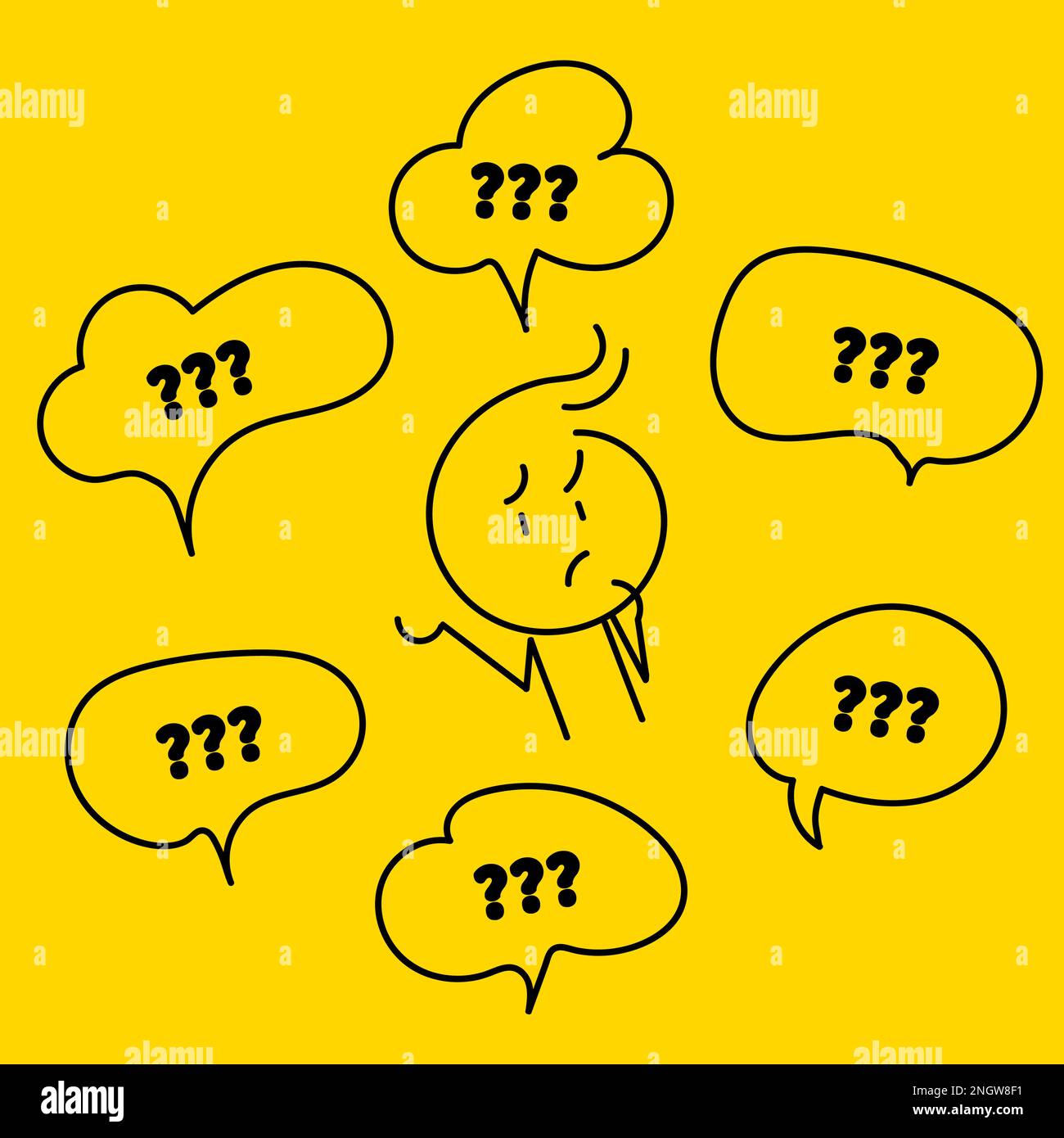 Der Doodle-Mann dachte. Viele Fragen. Problemlösung. Brainstorming-Konzept. Was, wie, warum, wofür und wo. Webbanner für Unternehmen. Vector Illustrati Stock Vektor Der Doodle-Mann dachte. Viele Fragen. Problemlösung. Brainstorming-Konzept. Was, wie, warum, wofür und wo. Webbanner für Unternehmen. Vector Illustrati Stock Vektor