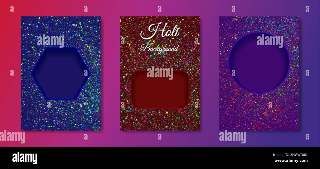 Happy Holi Indian Festival Banner, farbenfrohes gulaal, Pulverfarbe, Party Set Luxuskarte mit Explosionsmuster und Kristallen Hintergrund Stock Vektor