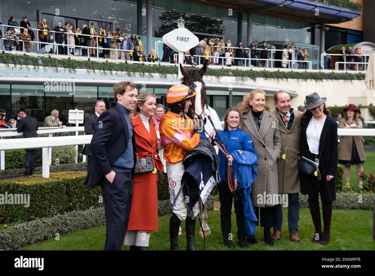 Ascot, Berkshire, Großbritannien. 18. Februar 2023. Jockey Harry Cobden Reitpferd Oscar Elite gewinnt die Kirchturmjagd von Bateaux London Reynoldstown (Klasse 1). Besitzer Mary-Ann Middleton. Trainer Joe Tizzard, Sherbourne. Züchter T McAuliffe. Sponsor Coral Racing Ltd Kredit: Maureen McLean/Alamy Live News Stockfoto