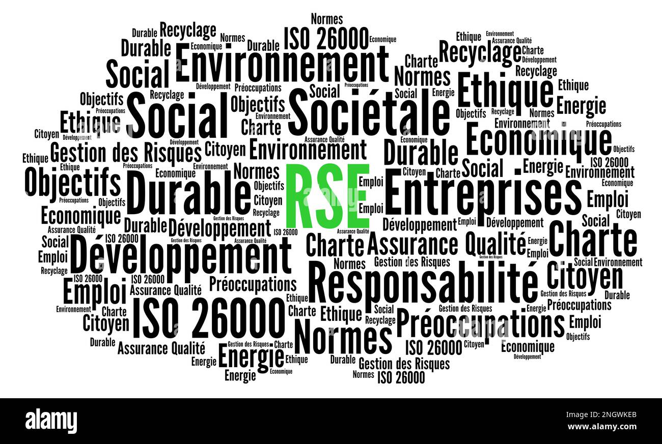 Corporate Social Responsibility Wort Cloud genannt RSE, responsabilite societale Entreprise in französischer Sprache Stockfoto