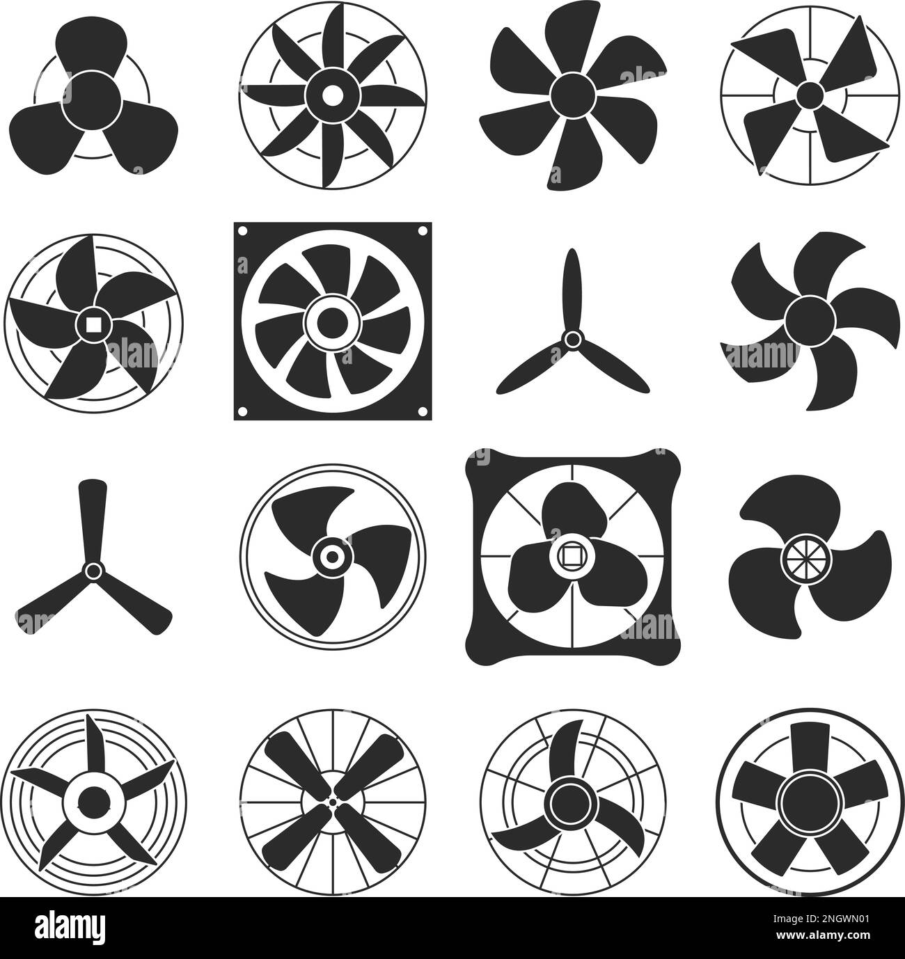 Schwarze Silhouetten-Lüftersymbole. Kaltlüfter, Flugzeugpropeller oder Computerventilator. Air-Logo, Technologie-Turbine-Vektorsymbole Stock Vektor