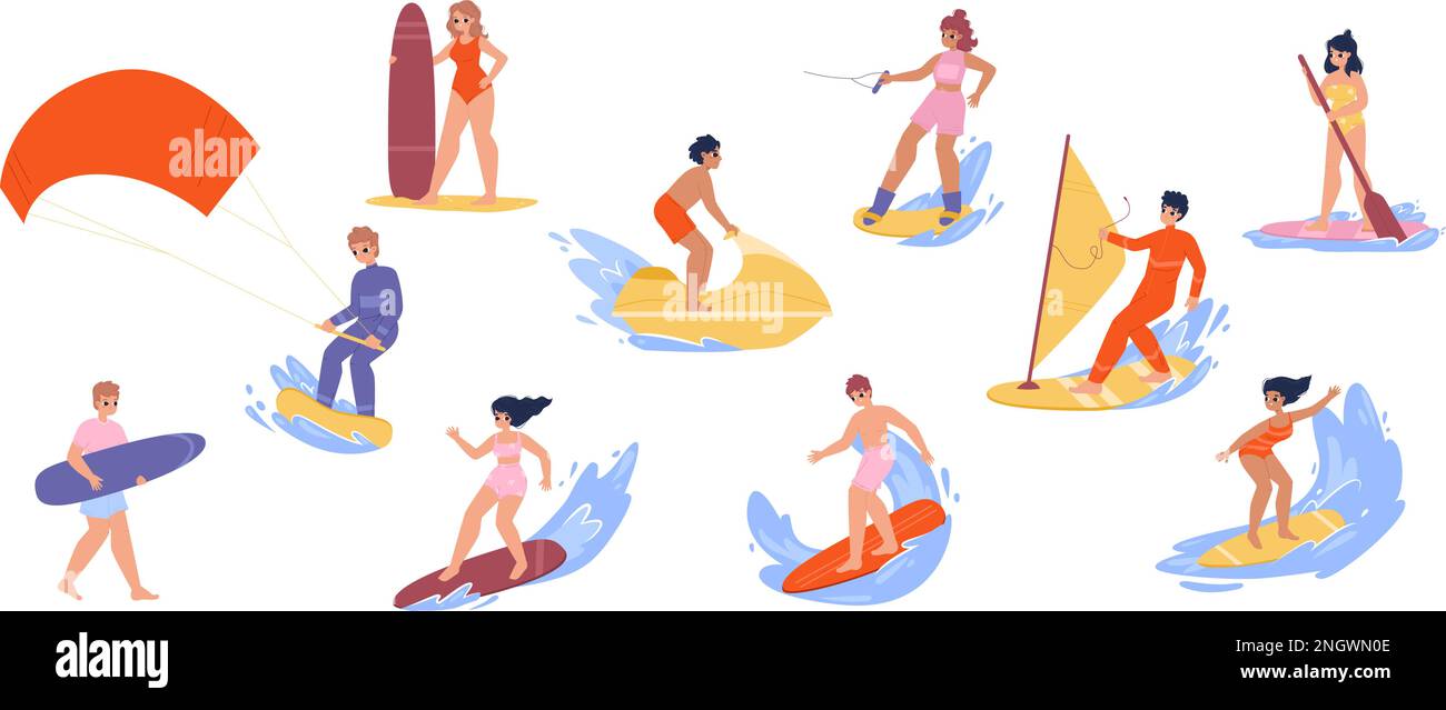 Wassersportcharaktere, Surfen und Windsurfen im Sommer. Cartoon-glückliche Teenager-Surfer, junger Erwachsener auf dem Sup-Board auf See, kuscheliges Vektorset Stock Vektor