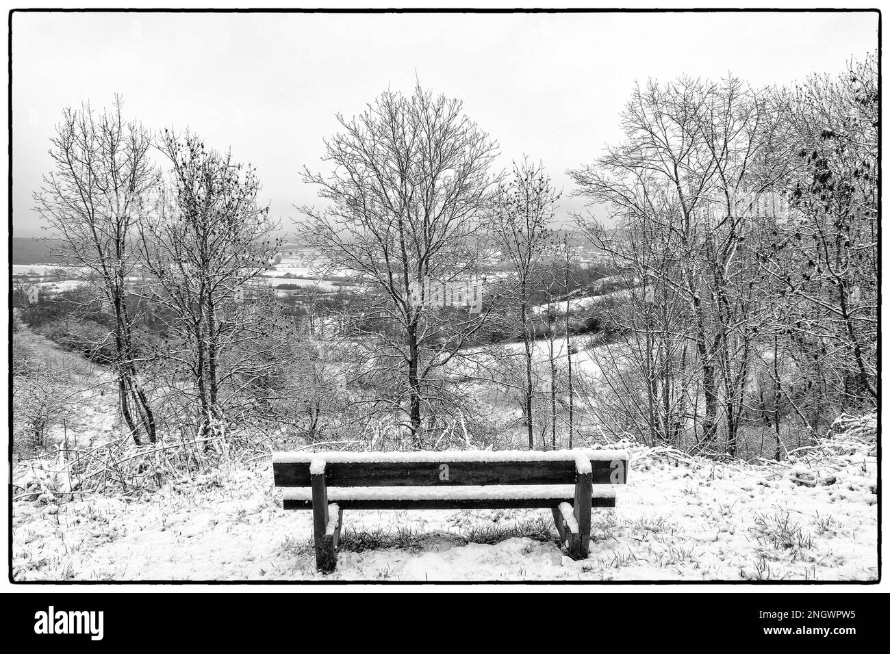 Dünne Schicht Schnee an einem bewölkten Tag - Bank, um die Landschaft zu sehen | Fine couche de neige un jour nuageux - Banc pour Admirer le paysage Stockfoto
