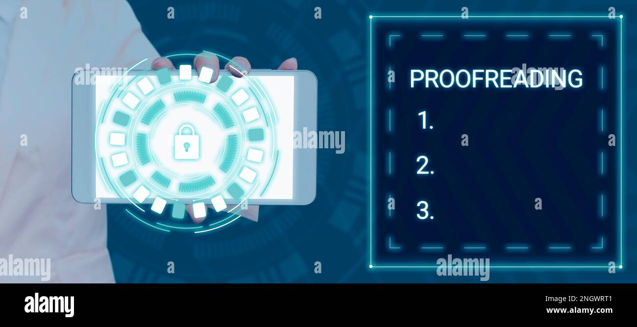 Textzeichen, das Korrekturlesen anzeigt. Geschäftsüberblick über das Lesen und Markieren von Rechtschreibfehlern, Grammatik- und Syntaxfehlern Stockfoto