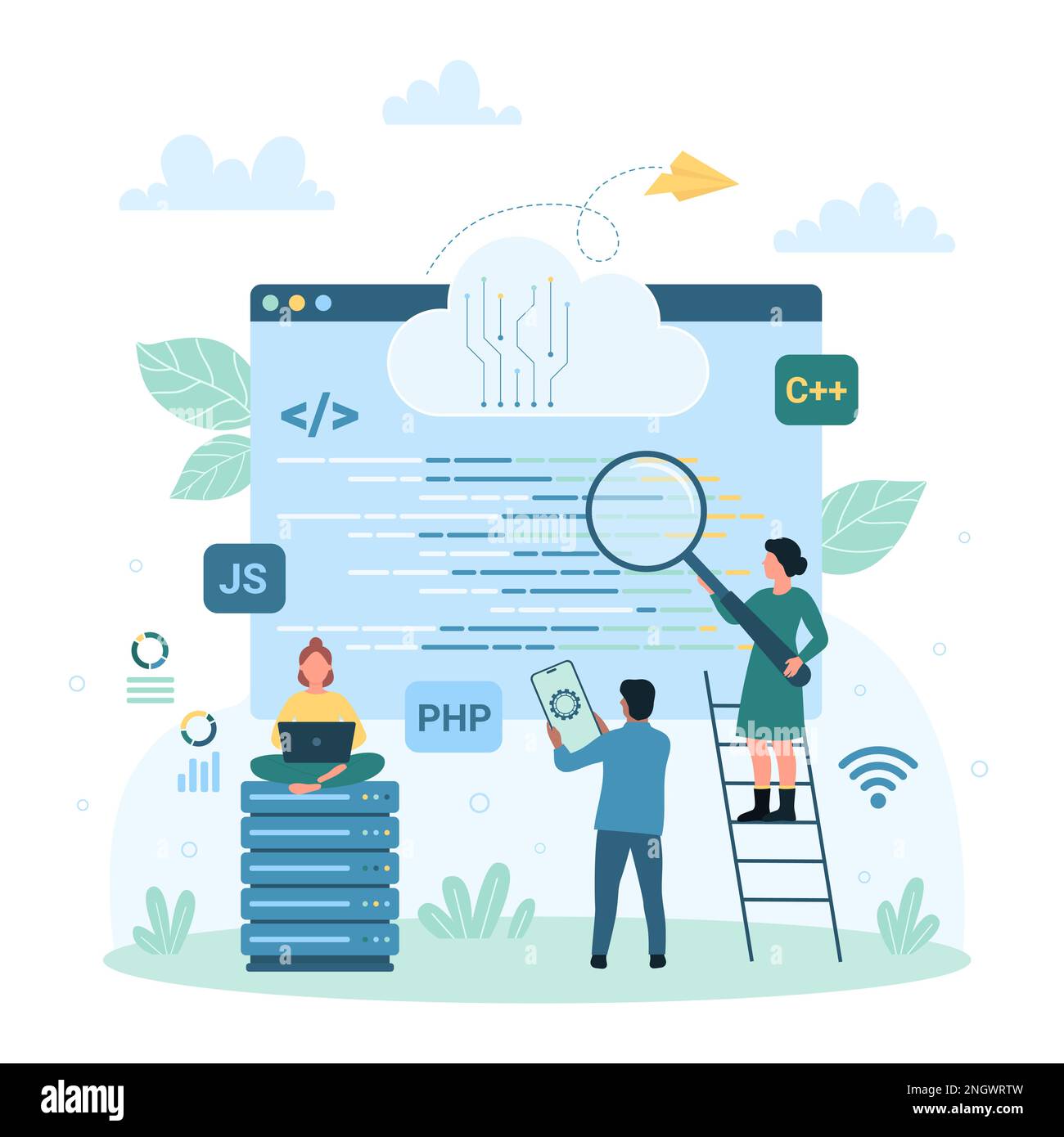 Vektordarstellung für die Entwicklung von Programmcodes. Zeichentrickfilme winzige Menschen, die Drehbücher in einem Software-Fenster mit einer Lupe studieren, Entwickler und Tester arbeiten mit Computer, Telefon oder Laptop zusammen Stock Vektor