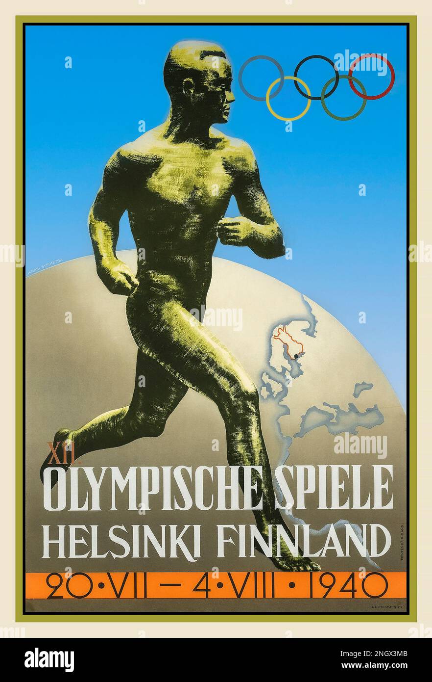 Olympische Spiele 1940 In Helsinki. Spiele und Poster, die aufgrund des bevorstehenden Zweiten Weltkriegs abgesagt wurden Poster von Ilmari Sysimetsä Sculpture ist der berühmte finnische Läufer Paavo Nurmi mit 9 Gold- und 3 Silbermedaillen der Olympischen Spiele. Ein ähnliches Poster wurde für die Olympischen Spiele nach dem Krieg 1952 verwendet Stockfoto