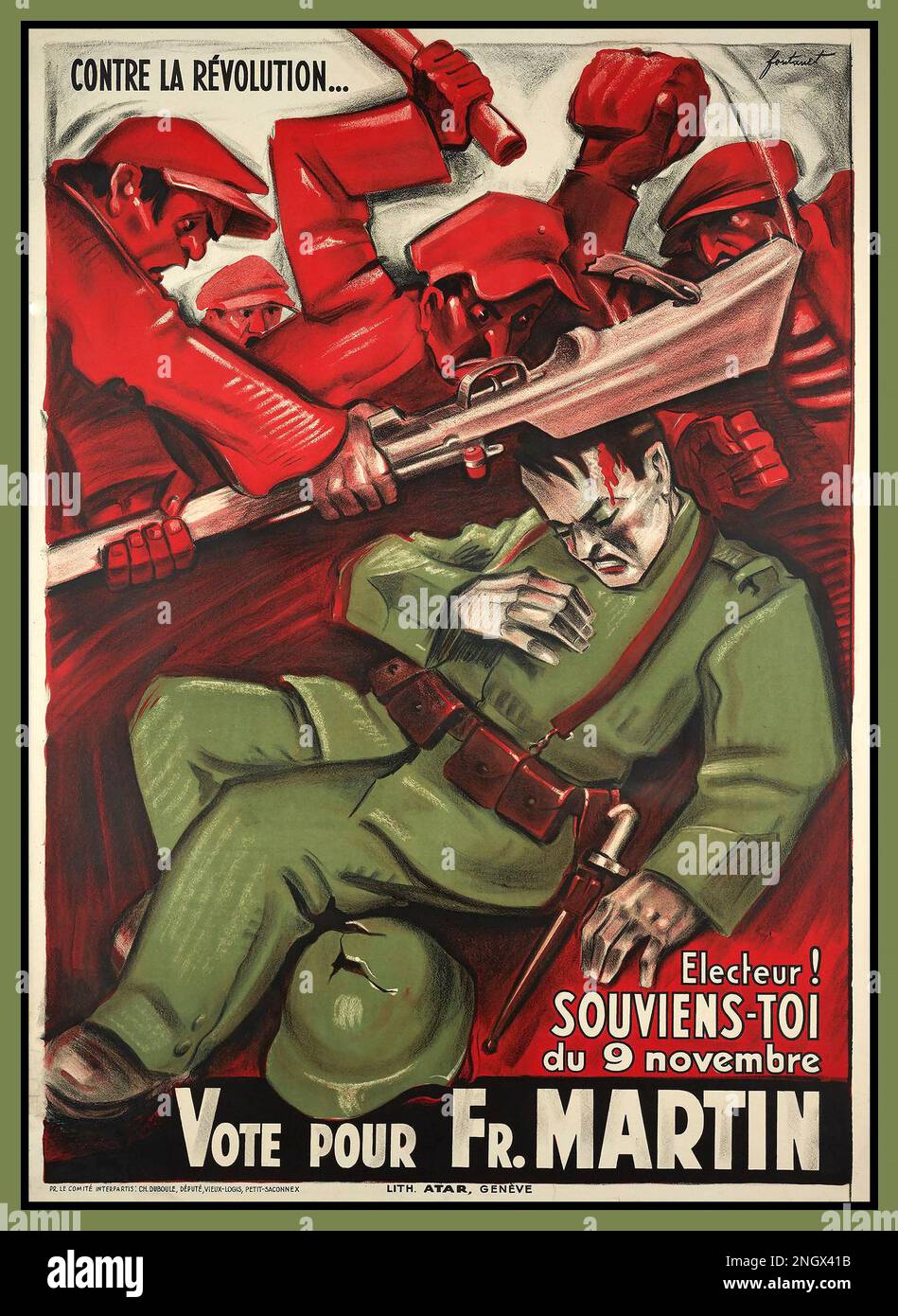 Genf 9. November 1932, Propagandaposter, STIMME FÜR FR MARTIN erinnern Sie sich, dass die Armee während einer anti-faschistischen Demonstration in Plainpalais auf die Menge geschossen hat, 13 Menschen getötet und 65 Künstler FONTANET (Noël) 1933 'Contre la Révolution, Electeur ! souviens-toi du 9 novembre, Vote pour Fr. Martin' Stockfoto