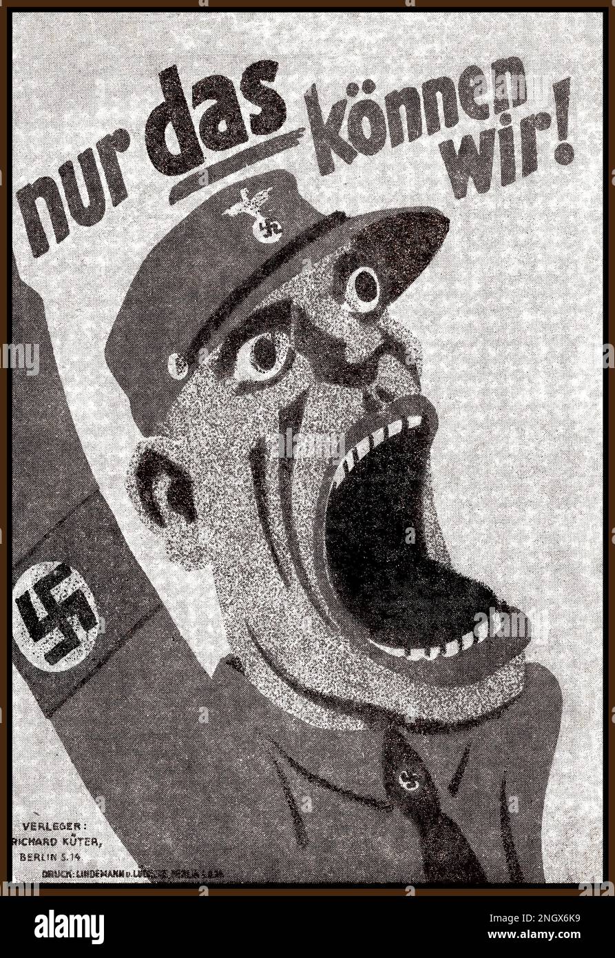 Nazi-1930er-Sturmabteilung-Propaganda-Posterkarte „das ist alles, was wir tun können“ ( nur das können wir) mit einem paramilitärischen Soldaten mit Hakenkreuz-Armband und -Mütze, Karikatur, die seinen Rekrutierungssatz schreit. Nazideutschland 1930er Stockfoto