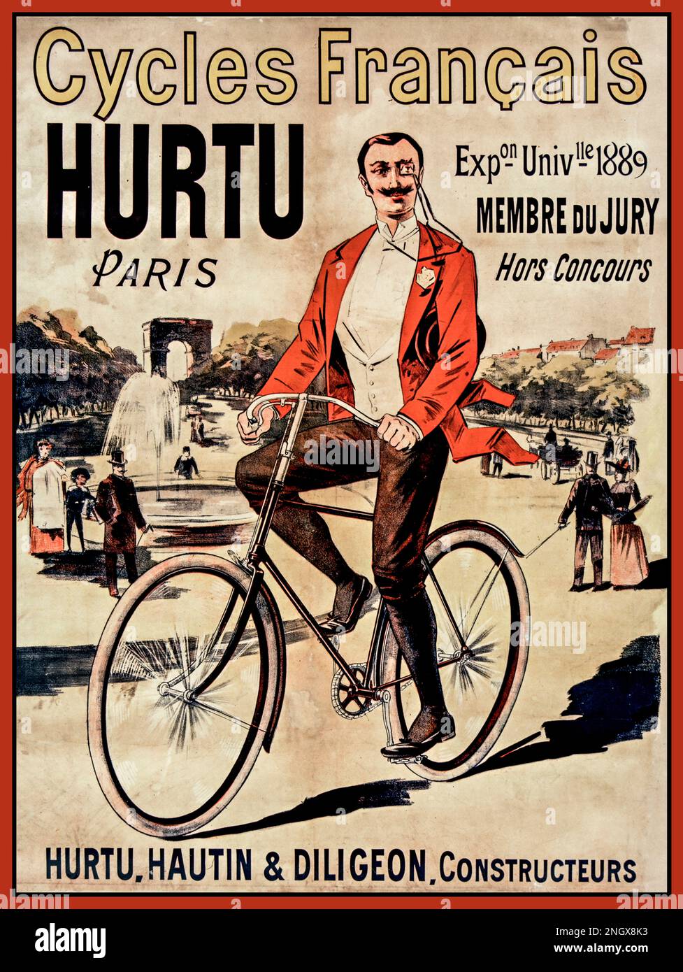 Vintage French Bikyles Poster 1800er Paris Frankreich Eugene OGE Cycles Francais HURTU für die Universalle Exposition 1889 Stockfoto