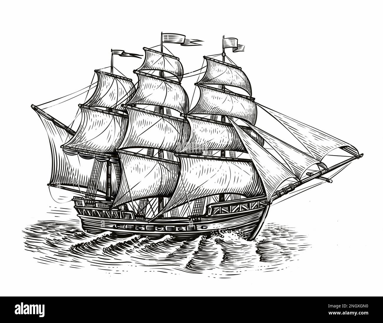 Skizze des Segelschiffs. Meereskonzept. Klassisches Segelboot im klassischen Gravurstil Stockfoto