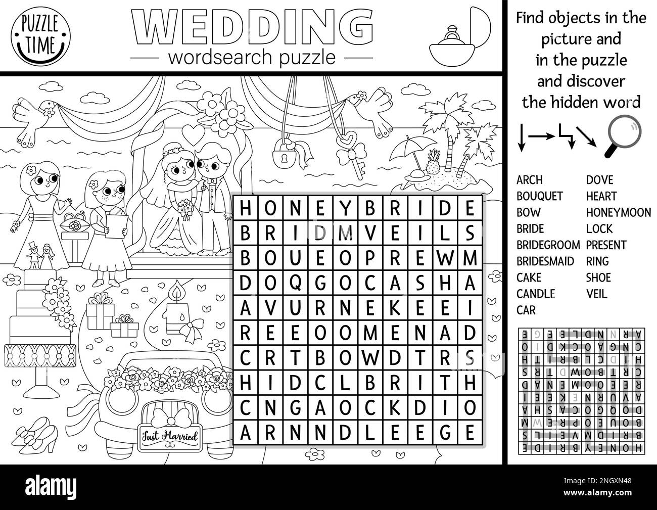 Vector schwarz-weiß Hochzeitswortsuche Puzzle für Kinder. Quiz zur Wortsuche mit der Seite zum Ausmalen der Hochzeitszeremonie. Bildungsaktivität oder cr Stock Vektor