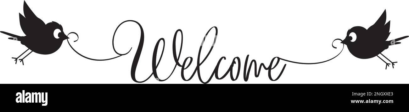 Begrüßungswort mit fliegenden Vögeln, isoliert auf weißem Hintergrund. Formulierungen, Schriftzüge, traditionelle Inneneinrichtung Stock Vektor