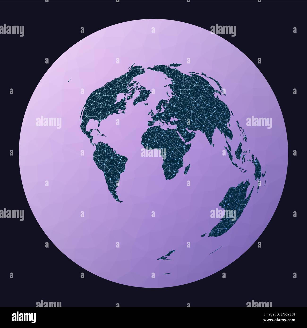 Weltkarte-Verbindung. Azimutale äquidistante Projektion. Weltnetzwerkkarte. Drahtgebundene Kugel in azimutaler äquidistanter Projektion auf geometrischen Hintergrund mit niedrigem Polyesteranteil Stock Vektor