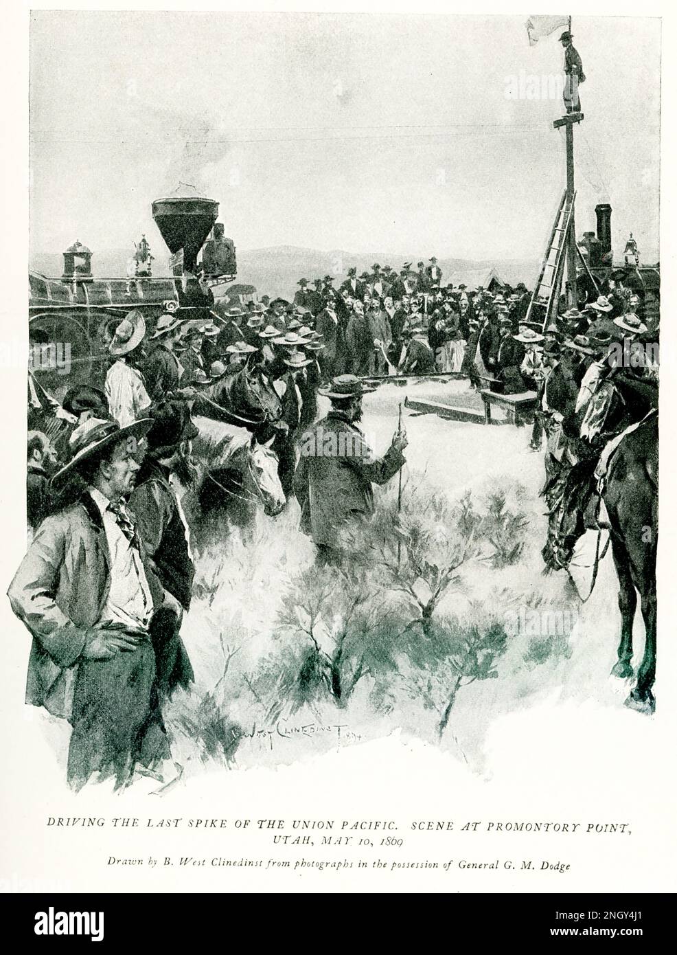Die Überschrift Tye 1896 lautet: "Fahren der letzten Spike der Union Pacific Szene am Promontory Point Utah 10 1869. Mai - gezeichnet von B West Clinedinst auf dem Foto im Besitz von General G M Dodge." Benjamin West Clinedinst war ein amerikanischer Buchillustrierer und Porträtmaler. Stockfoto