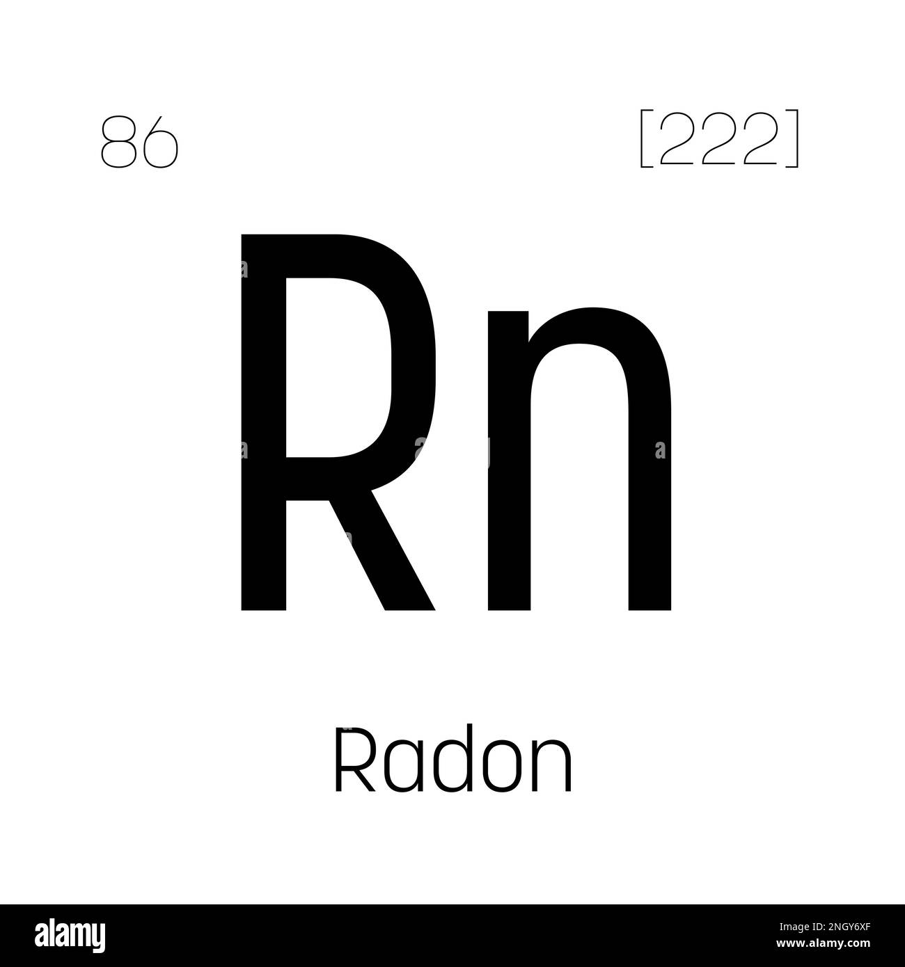 Radon, RN, Periodenelement mit Name, Symbol, Atomzahl und Gewicht. Inertgas mit radioaktiven Eigenschaften, das in der wissenschaftlichen Forschung und als Tracer bei bestimmten Versuchsarten verwendet wird. Stock Vektor