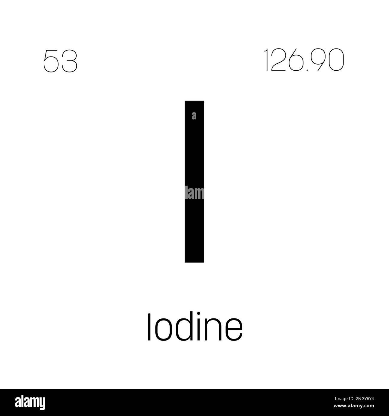 Jod, I, Periodenelement mit Name, Symbol, Atomzahl und Gewicht. Halogen mit verschiedenen industriellen Anwendungen, wie in der Medizin, in der Fotografie und als Desinfektionsmittel. Stock Vektor