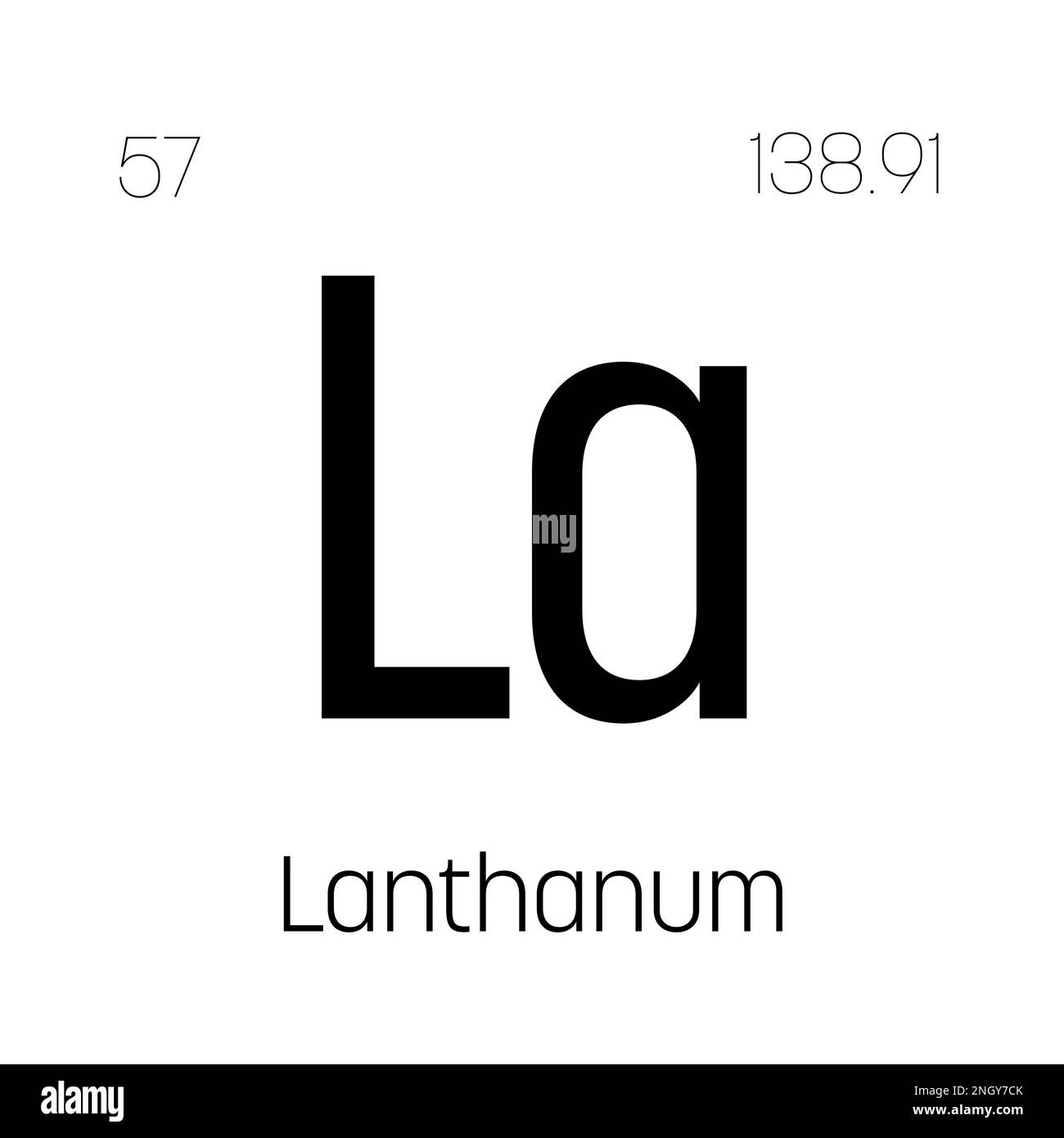 Lanthan, La, Periodenelement mit Name, Symbol, Atomzahl und Gewicht. Seltenerdmetall mit verschiedenen industriellen Verwendungen, wie z. B. in Beleuchtung, Batterien und als Bauteil in bestimmten Legierungen. Stock Vektor